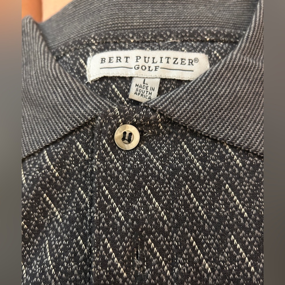 VTG Bert Pulitzer Golf Knit Polo Shirt Mens L Grey Black Chevron ZigZag Vintage